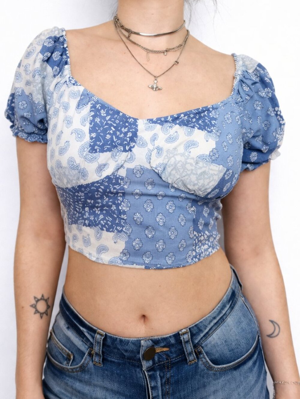 HOLLISTER Blue Patchwork Puff-Sleeve Crop Top